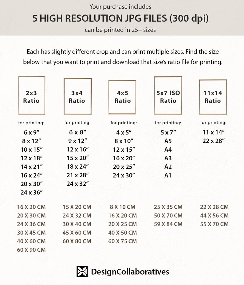 May include: A chart showing five different image ratios for digital downloads. The ratios are 2x3, 3x4, 4x5, 5x7 ISO, and 11x14. Each ratio has a list of corresponding print sizes in inches and centimeters. The text "Your purchase includes 5 HIGH RESOLUTION JPG FILES (300 dpi) can be printed in 25+ sizes" is at the top of the chart. The text "Each has slightly different crop and can print multiple sizes. Find the size below that you want to print and download that size's ratio file for printing." is below the chart.