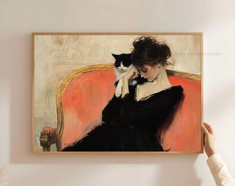 Vintage vrouw en kat muurkunst, humeurige vrouw in zwart portret, kat afdrukbare, roze en zwarte kat dame print, digitale download DL09