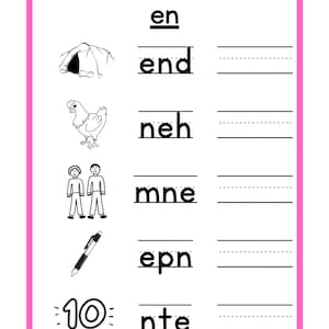 Op de afbeelding: Een roze omlijst educatief werkblad met zwart-wit illustraties en woordprompts. Bevat een tent, kip, twee mensen, een pen en het getal 10. Ontworpen voor het oefenen van vroege geletterdheid.