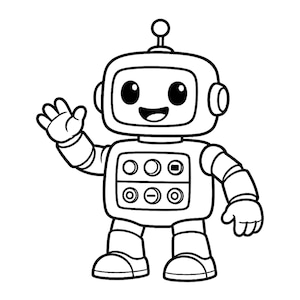 May include: Black and white cartoon illustration of a robot waving. The robot has a square head, round ears, and an antenna. Its body has buttons and a smiling face. The image is in a simple, cartoon style.