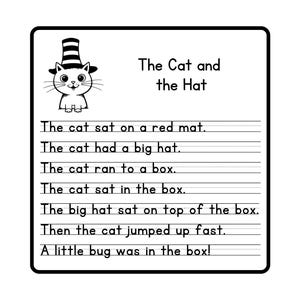 以下が含まれることがあります： 縞模様のシルクハットをかぶった猫の漫画が描かれた、The Cat and the Hatというタイトルの白黒の学習ワークシート。ページには、猫がマットの上に座ったり、箱に向かって走ったり、箱の中に虫を見つけたりする様子を説明する7行の文章が記載されています。