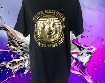 TRUE RELIGION Camiseta de manga corta con logo metálico negro grande unisex RARE