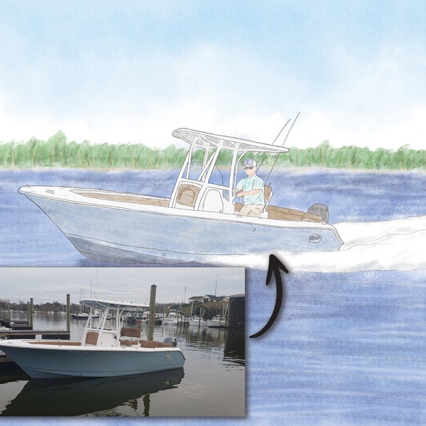 Watercolor Custom Portrait Drawing of Your Boat from Photo | Hand Painted Boat Print | Boat Portrait Print | Housewarming Gift