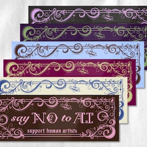 May include: A stack of rectangular cards with ornate floral and swirl designs in various colors. The bottom card is brown with pink accents and the text "say NO to AI support human artists". Other cards are purple, blue, and green.