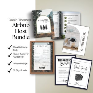 Puede incluir: Un paquete de anfitrión de Airbnb con temática de cabaña que incluye un libro de bienvenida de 28 páginas, una guía de rotación de huéspedes, un letrero de bienvenida y un paquete de 32 letreros. El libro de bienvenida presenta un diseño rústico con una escena de bosque y el texto "Bienvenido a la cabaña". La guía de rotación de huéspedes incluye una lista de verificación para la limpieza y el inventario. El letrero de bienvenida tiene un marco de madera y el texto "Bienvenido". El paquete de letreros incluye letreros para Wi-Fi, reglas de la casa, contáctenos, ubicación, estacionamiento, información de salida, reseñas y gracias. Los letreros tienen un diseño rústico con una escena de bosque.