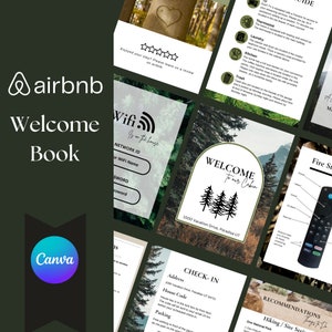 May include: A welcome book for Airbnb guests with a green forest background. The book includes information about the WiFi network, check-in instructions, parking, and recommendations for hiking and sightseeing. The book also includes a welcome sign with the text "Welcome to our Cabin" and the address "1000 Vacation Drive, Paradise UT".