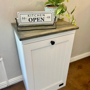 Trash Cabinet | Laundry Hamper | Recycle Cabinet | Tilt Open | Farmhouse Decor | Wooden Container | Kitchen Decor