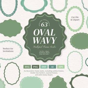Op de afbeelding: Een verzameling van 63 ovale en golvende geschulpte kadergrenzen in diverse groentinten. De grafische set bevat omtrekframes, dubbele lijnen, gelaagde kaders en solide stempelvormen, met de tekst 63 OVAL WAVY in het midden.