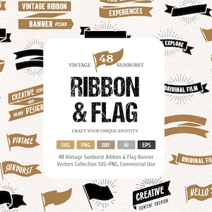 Pode incluir: Uma coleção de 48 gráficos vetoriais de fitas e bandeiras vintage com efeito de raios de sol em preto e bege. O texto central diz 48 VINTAGE SUNBURST RIBBON & FLAG, CRAFT YOUR UNIQUE IDENTITY, SVG, PNG, DXF, AI, EPS, e 48 Vintage Sunburst Ribbon & Flag Banner Vectors Collection SVG-PNG, Commercial Use.