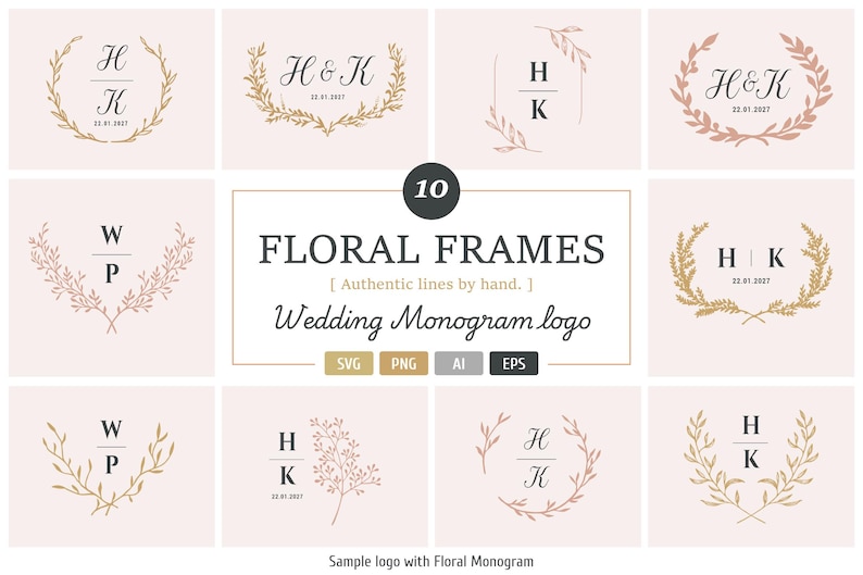 10 Hand Drawn Floral Wedding Monogram Frames, Elegant Botanical Logo ...