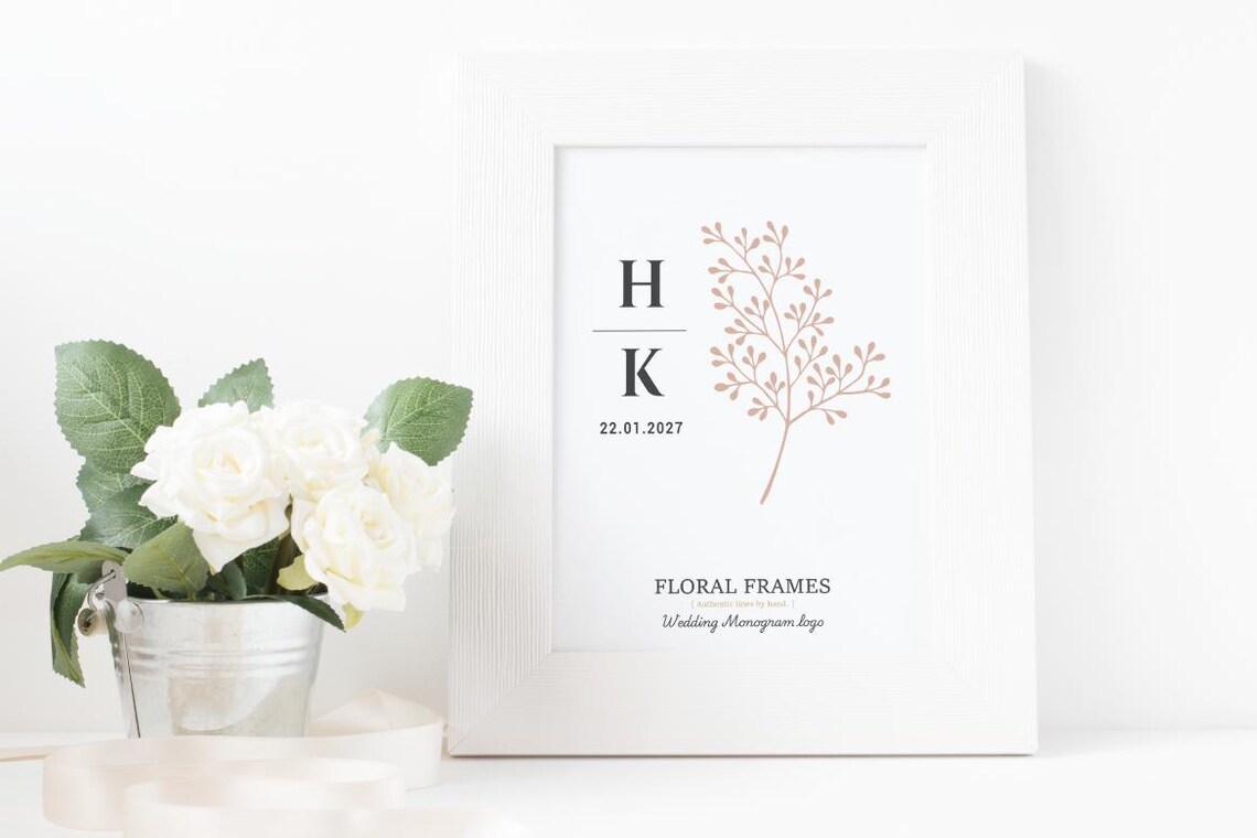 10 Hand Drawn Floral Wedding Monogram Frames, Elegant Botanical Logo ...