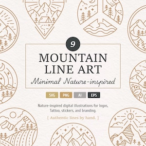 Puede incluir: Nueve diseños minimalistas de arte lineal de montaña en varias formas, incluyendo círculos y un triángulo. Los diseños presentan montañas, árboles, soles y una tienda de campaña. También está presente el texto "MOUNTAIN LINE ART" y "Minimal Nature-inspired".