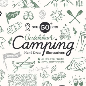 Puede incluir: Ilustraciones de camping dibujadas a mano en verde y negro, que incluyen tiendas de campaña, un oso, montañas y el texto "Outdoor Camping". La imagen también incluye una bandera que dice "Let's Go".