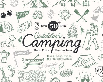 Könnte beinhalten: Handgezeichnete Camping-Illustrationen in Grün und Schwarz, darunter Zelte, ein Bär, Berge und der Text "Outdoor Camping". Das Bild enthält auch eine Flagge mit der Aufschrift "Let's Go".