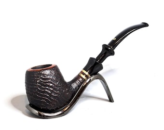 STANWELL MESSINGBAND (08): Nice+/Clean! Jaren 70-90 Deense vintage estate gezandstraalde doorn gebogen appel met uitlopende montage/3 brassbands tabakspijp