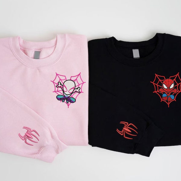 Couple araignée et Gwen sweat brodé, sweat à col rond brodé Spiderman tendance, sweat meilleur film, cadeau pour amis