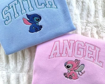 Stitch x Angel Custom Embroidered Sweatshirt, Couple Embroidered Sweatshirt, Anniversary Embroidered Sweatshirt Hoodie, Valentine's Gift