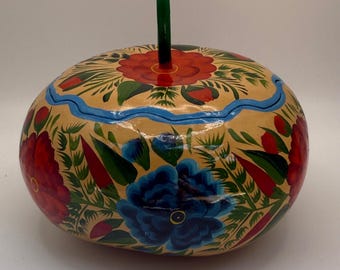 Hand Painted Folk Art Floral Gourd Lidded Container Yellow Red Blue 6.5 inch