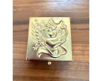 Caja para pastillas con forma de ángel querubín dorado vintage, con diamantes de imitación y estrella en relieve, estuche cuadrado para joyas.
