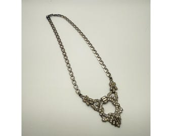 ヴィンテージ アールデコ ラインストーン ビブネックレス シルバートーン 幾何学模様
