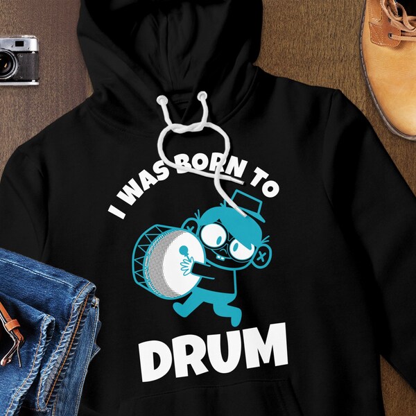 Born to Drum Hoodie, Cute Cartoon Drummer Boy, Musical Kids Hooded Sweatshirt, Fun Youth Apparel