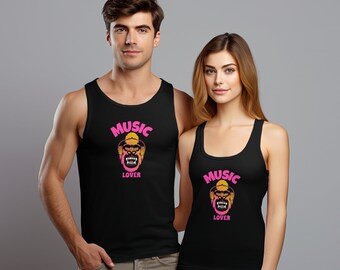 Music Lover Monkey Graphic Tank Top, Pink Retro Style, Casual Summer Wear, Unique Design Top