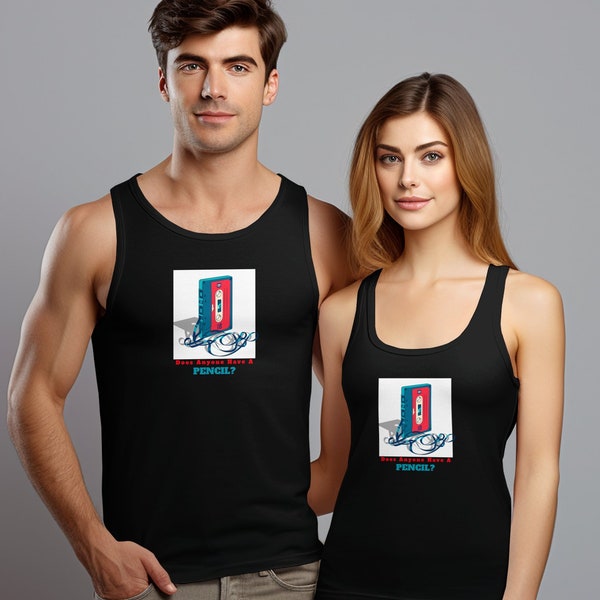 Retro Cassette Tape Graphic Tank Top, Does Anyone Have A Pencil? Fun 80s Nostalgia Shirt