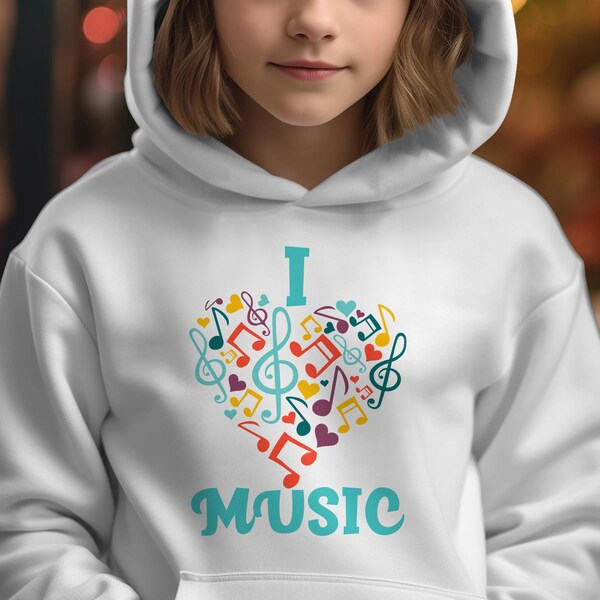 Bunter Musik-Anmerkungs-Herz-Grafik-Hoodie, ich liebe Musik-Regenbogen-mit Kapuze Sweatshirt, Kindermusikalischen Pullover-Entwurf