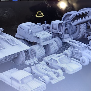 May include: A collection of eight 3D printed toy vehicles in various styles, including a tank, a monster truck, a construction vehicle, a race car, a pickup truck, a motorcycle, and two military vehicles. The vehicles are all grey and appear to be made of plastic.
