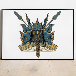Norse God Odin with Wolves and Ravens, Norse, Line Art, Fantasy Art, Office Art, Poster, Printable Wall Art, Digital Download, Printable Art