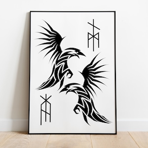 Odins Ravens, Norse Art, Line Art, Fantasy Art, Vector Art, Office Art, Poster, Printable Wall Art, Digital Download, Printable Art
