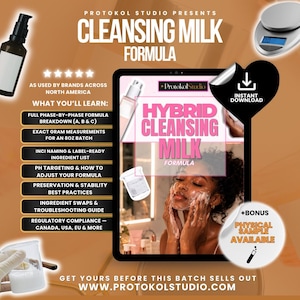 May include: An advertisement for a cleansing milk formula. The image features a tablet displaying "Hybrid Cleansing Milk Formula" with a woman applying the product. Additional elements include a bottle, a scale, and text detailing what the formula offers.
