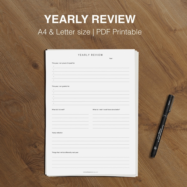 Printable Yearly Review, Yearly Reflection, Annual Review, Yearly Goals Review - 2 Sizes, A4 & US Letter Printable, Instant Download PDF