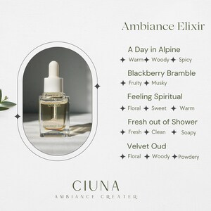 May include: A clear glass bottle with a dropper filled with a light yellow liquid. The bottle is labeled "Ambiance Elixir" and is surrounded by green leaves. The text "CIUNA Ambiance Creator" is at the bottom of the image. The image also includes a list of different scents and their descriptions, such as "A Day in Alpine: Warm, Woody, Spicy" and "Blackberry Bramble: Fruity, Musky".