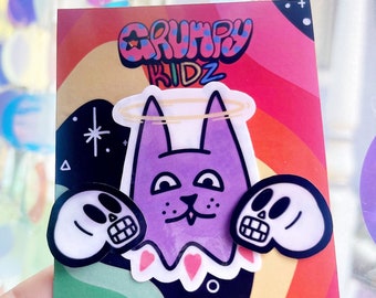 Sticker Pack of Mini Goth Cat and Skull Cartoon Stickers: Darkly Adorable Vinyl Decals for Laptops, Journals, and More!