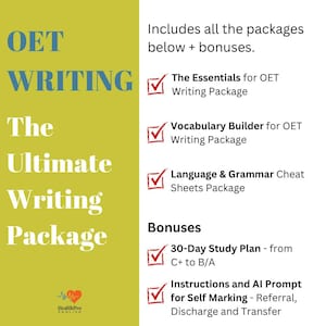 May include: A graphic with the text "OET WRITING The Ultimate Writing Package." The image lists packages and bonuses, including "The Essentials for OET Writing Package" and a "30-Day Study Plan." The background is yellow and the text is blue and white.