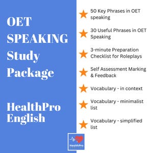 May include: A blue and orange graphic with the text "OET SPEAKING Study Package HealthPro English" and a list of study materials for the OET speaking exam, including "50 Key Phrases in OET speaking", "30 Useful Phrases in OET Speaking", "3-minute Preparation Checklist for Roleplays", "Self Assessment Marking & Feedback", "Vocabulary - in context", "Vocabulary - minimalist list", and "Vocabulary - simplified list".