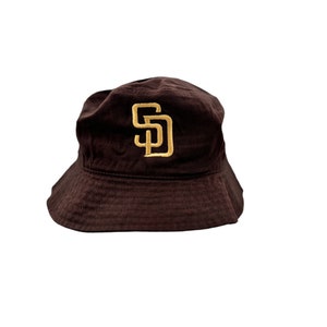 San Diego Padres Bucket Hat, SD, Embroidered, Brown and Gold, Navy Washed, fitted