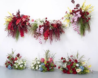 Wedding Arch with Flower Arrangement Greenery Wedding Arch Flowers in Burgandy, Red,Yellow, and Blue