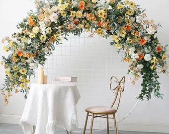 Fall Wedding Arch Flowers Arrangement with Greenery  in Shades of Yellow, Orange, and Champagne