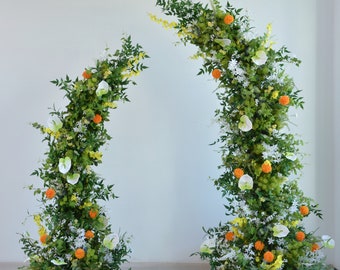 Horn Arch with Flower Arrangement Greenery Wedding Arch Flowers in Shade of Green,Burnt Orange,and White