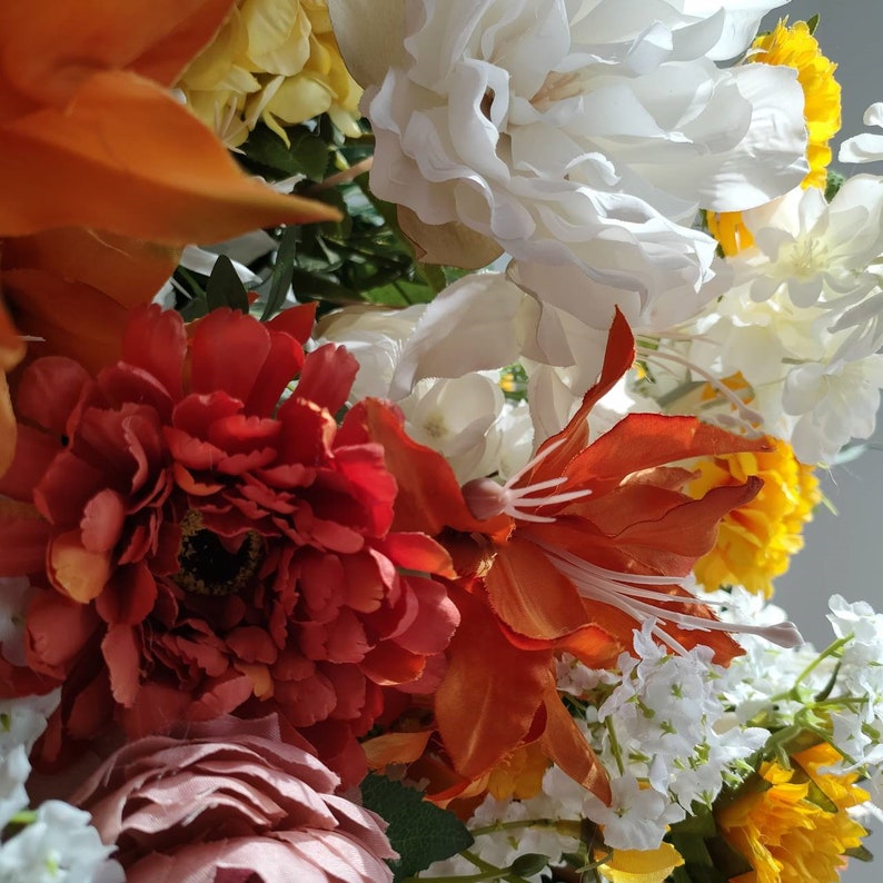 Fall Wedding Arch Flowers Arrangement with Greenery in Shade of Orange, Yellow, and White image 5