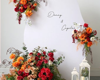 Fall Wedding Arch Flowers Arrangement with Greenery in Shades of Red, Orange,and Light Brown