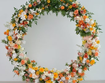 Fall Wedding Arch Flowers Arrangement with Greenery in Shade of Orange, Yellow, and White