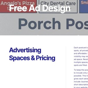 Peut inclure: Image publicitaire pour Porch Post Ads, avec le texte "Free Ad Design" et "Advertising Spaces & Pricing". Le design comprend une illustration d'un aigle avec un drapeau, pour la publicité.