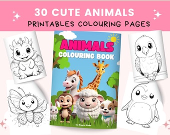 May include: A black and white coloring book with 30 cute animal illustrations. The cover features a giraffe, a horse, a monkey, a sheep, and a puppy. The title of the book is "Animals Coloring Book".