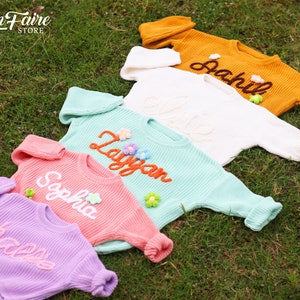 Custom Baby Name Sweatshirt, Personalized Hand Embroidered New Baby Sweater, Baby Girl Knitted Comforts Colors Jumper, Baby Birthday Gifts