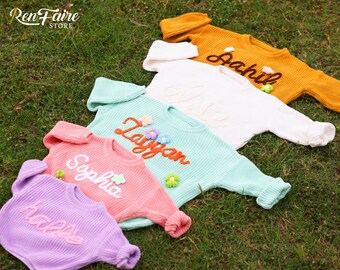 Custom  Baby Name Sweatshirt, Personalized Hand Embroidered New Baby Sweater, Baby Girl Knitted Comforts Colors Jumper, Baby Birthday Gifts