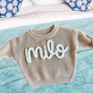 Hand Embroidered Custom Baby Name Sweater, Personalized New Baby Knitted Comforts Colors Sweater, Baby Girls Sweater with Name Birthday Gift Milky White