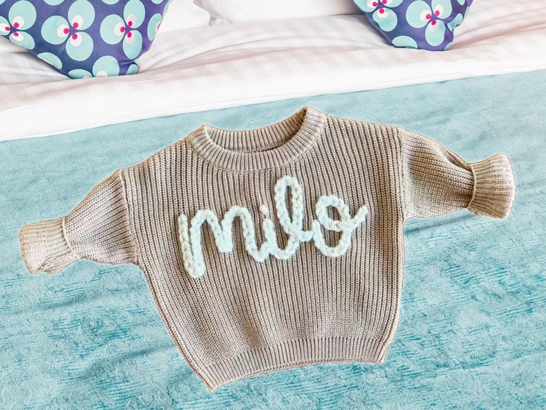 Hand Embroidered Custom Baby Name Sweater, Personalized New Baby Knitted Comforts Colors Sweater, Baby Girls Sweater with Name Birthday Gift Milky White